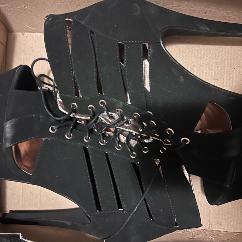 Dollhouse Black Strappy Lace-Up Heels